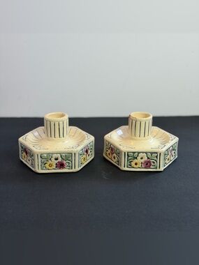 Vintage Art Pottery Candlestick Pair Cream Floral Embossed Octagonal Zanesville